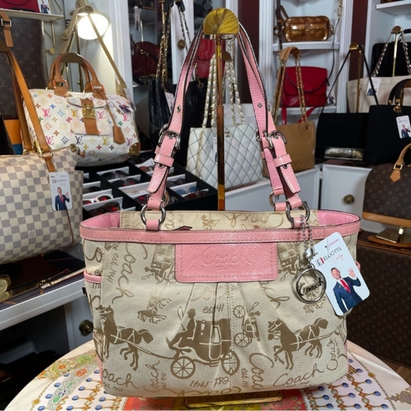 Coach Handbags - Coach Pink Pat Signature Horse Carriage Jacquard Canvas Tote